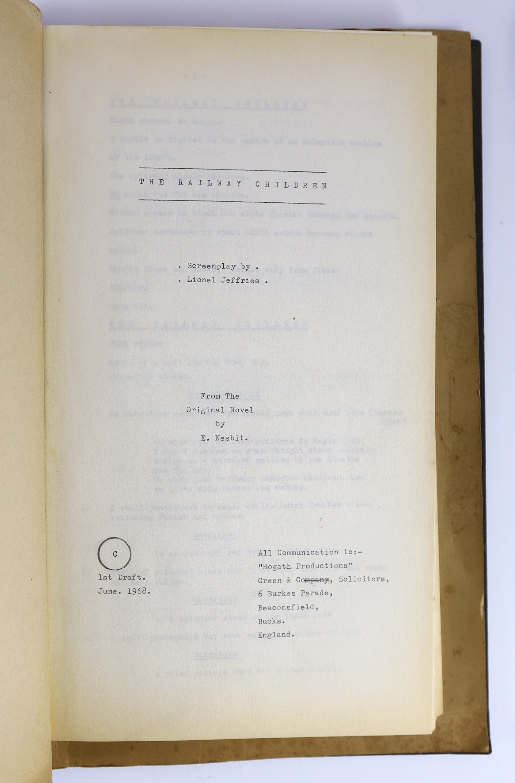 Lionel Jeffries (1926-2010) - Screenplay, 1st draft, as screenwriter and director of ‘’The Railway Children, of his adaptation from the original novel by E. Nesbit, dated June, 1968, annotated and corrected by Jeffries i